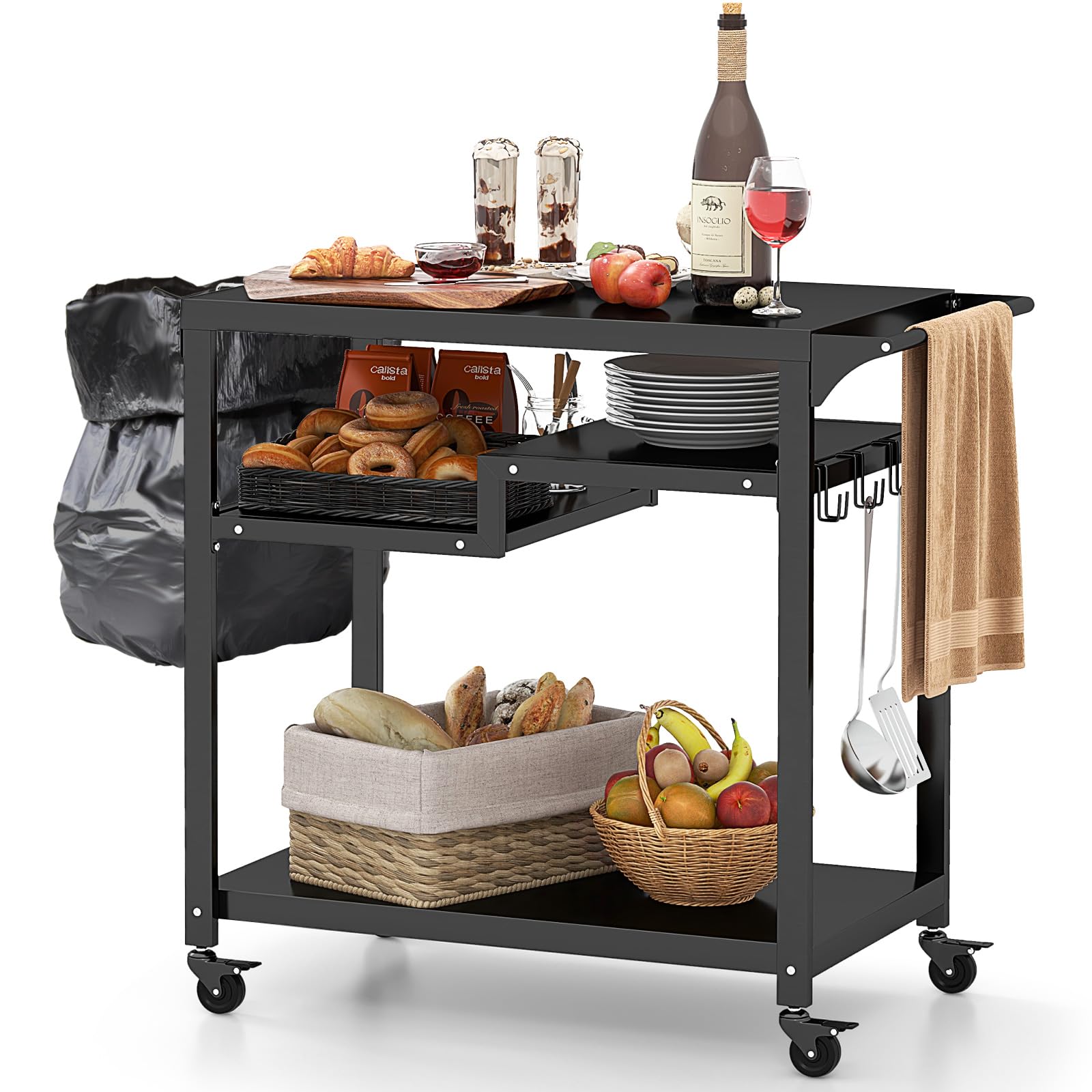COSTWAY Outdoor Grill Dining Cart, 2/3-Shelf Movable Pizza Oven Table Stand with 4 Lockable Wheels, Hooks and Side Handle, Portable BBQ Trolley for Backyard Patio Garden (3-Shelf, 111 x 50 x 93 cm)