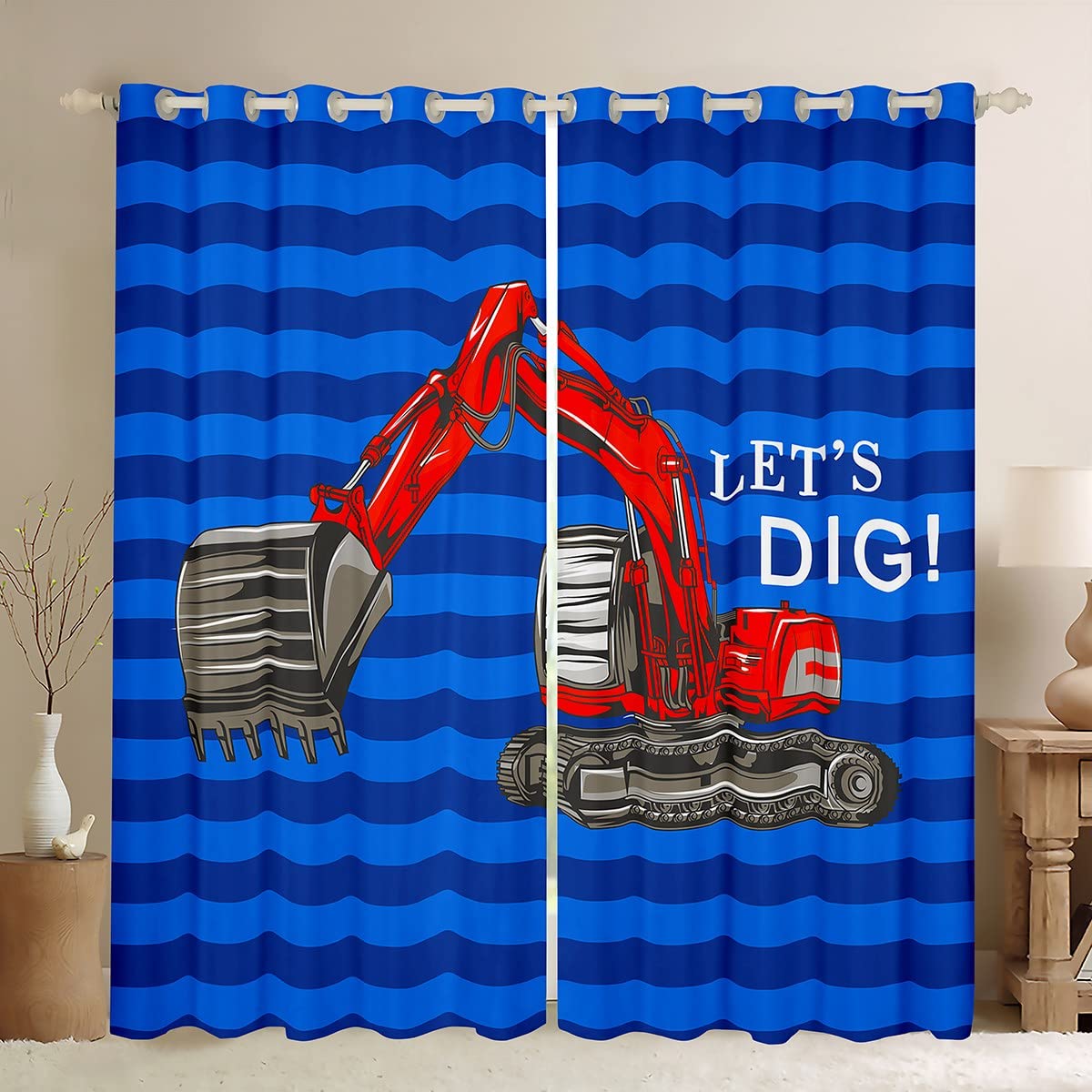 Excavadora para niños, Cortinas de construcción, Camiones, Cortinas de Ventana, Color Azul Oscuro, Rayas Rojas, Cortinas de Ventana para Dormitorio, Sala de Estar, maquinaria Pesada, tratamientos de