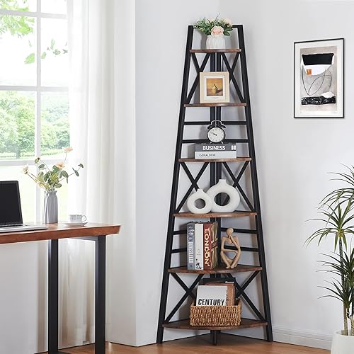 Vista 10 de HOMBAZAAR Estantería esquinera de 5 niveles, estantería de esquina industrial de 72 pulgadas, estantería alta con marco de metal, soporte rústico