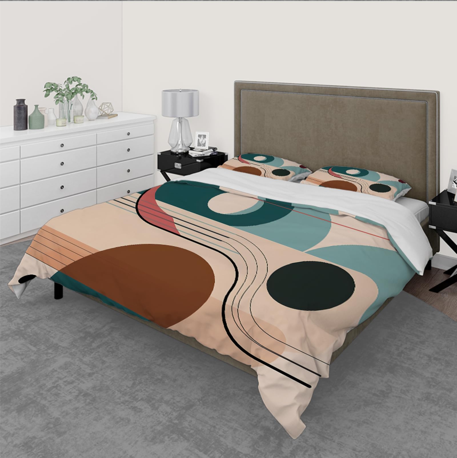 Geometryczny turkusowy zestaw pościeli w stylu retro Pojedynczy jasnobrązowy 70. Paleta Neutralne kolory Geometryczny wzór Poszwa na kołdrę 3 sztuki 260x240cm
