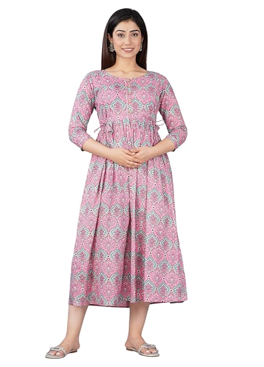 Antas Women's Cotton Floral Printed A-Line Kurta Dress with 3/4 Sleeves and Drawstring Waist - Ethnic Indian Midi Kurti