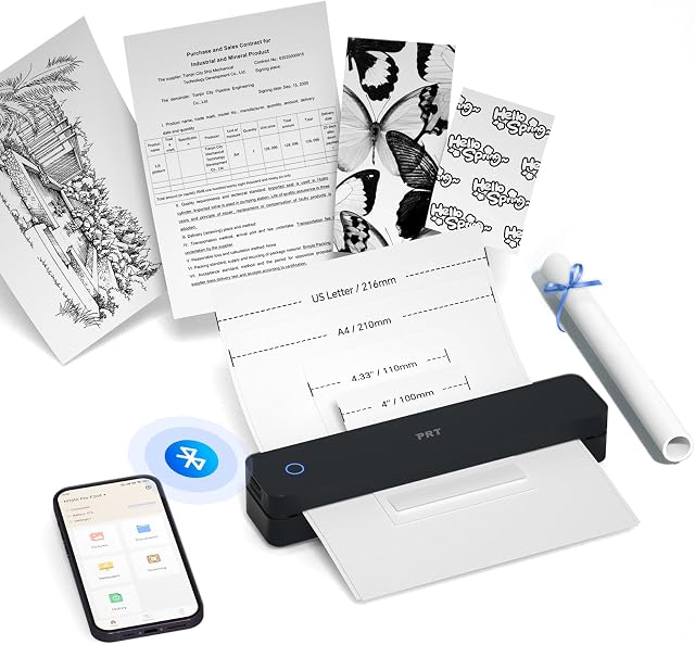 PRT Thermal Portable Printer Wireless for Travel, 203 DPI Inkless Bluetooth Support 8.5"x11" US Letter, A4, Compatible with iOS, Android, Laptop, Mobile Printer for Office, Vehicle, Home Use