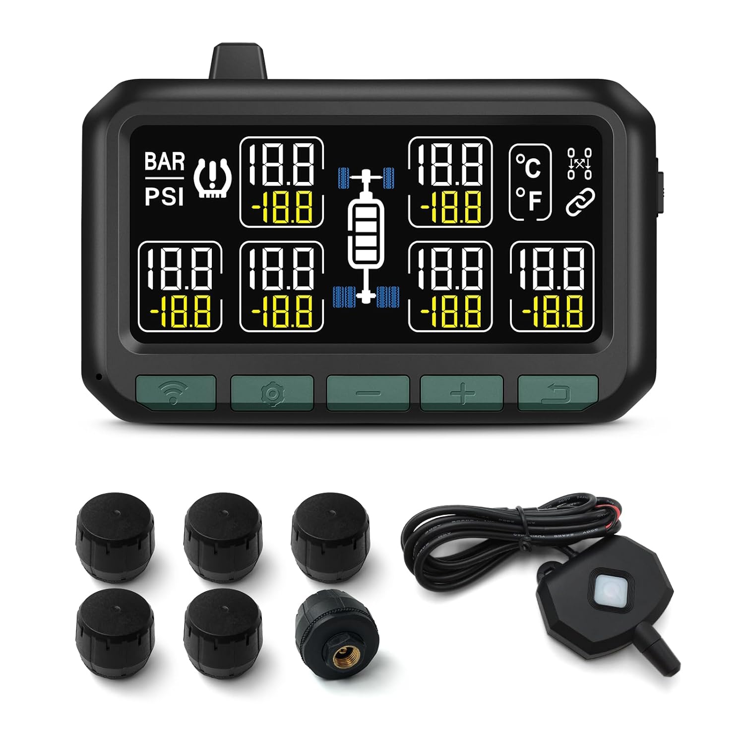 Trailer Tire Pressure Monitoring System Easesueper RV TPMS with 6 Sensor (0-199PSI) and 1 Repeater,Large Screen, Endurance Battery Life,7 Alarm Modes, Wireless Sensor Pairing