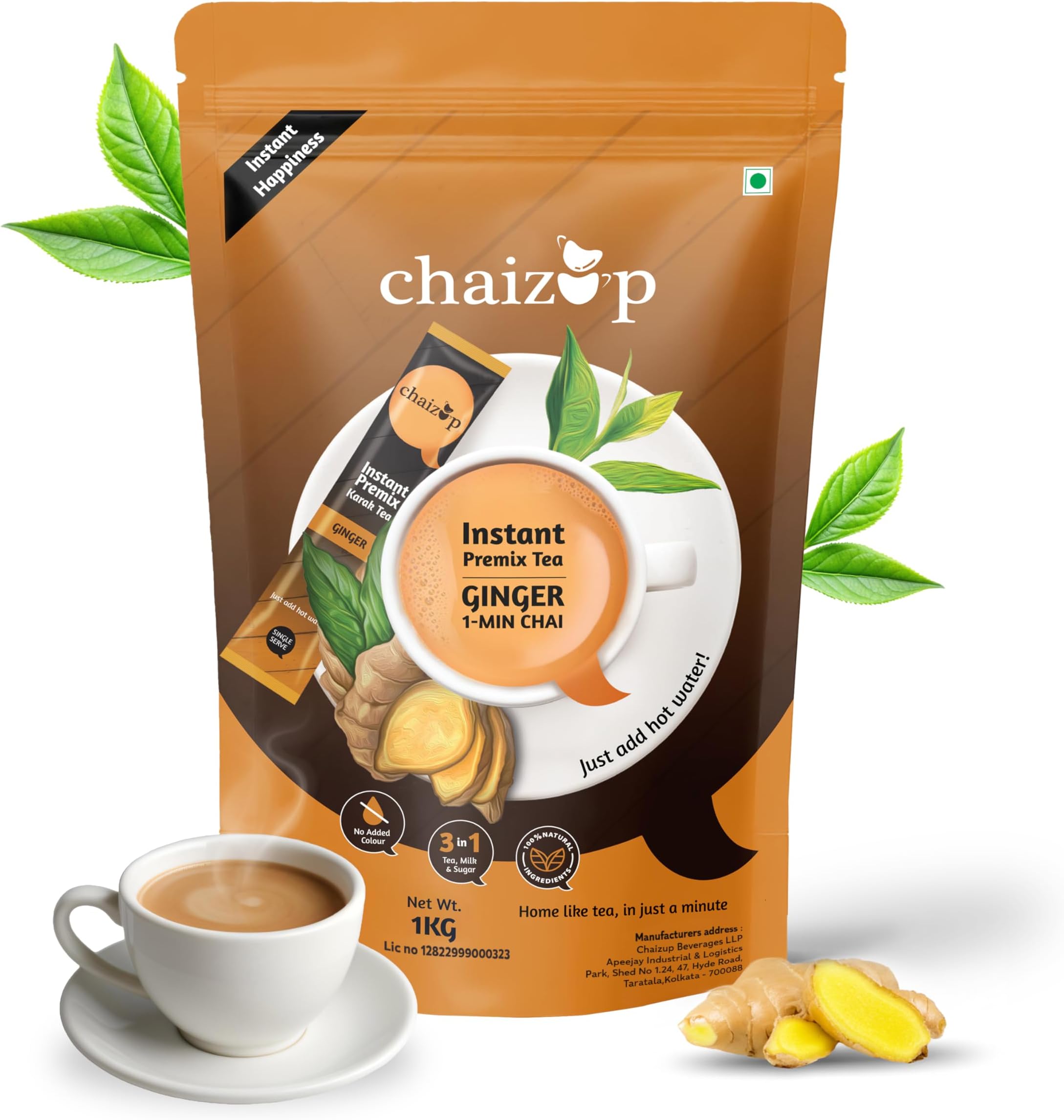 Premium 1 Min Instant Ginger Tea Premix - 1kg Poly | Ginger Flavours | Approx. 72 Servings | 1kg