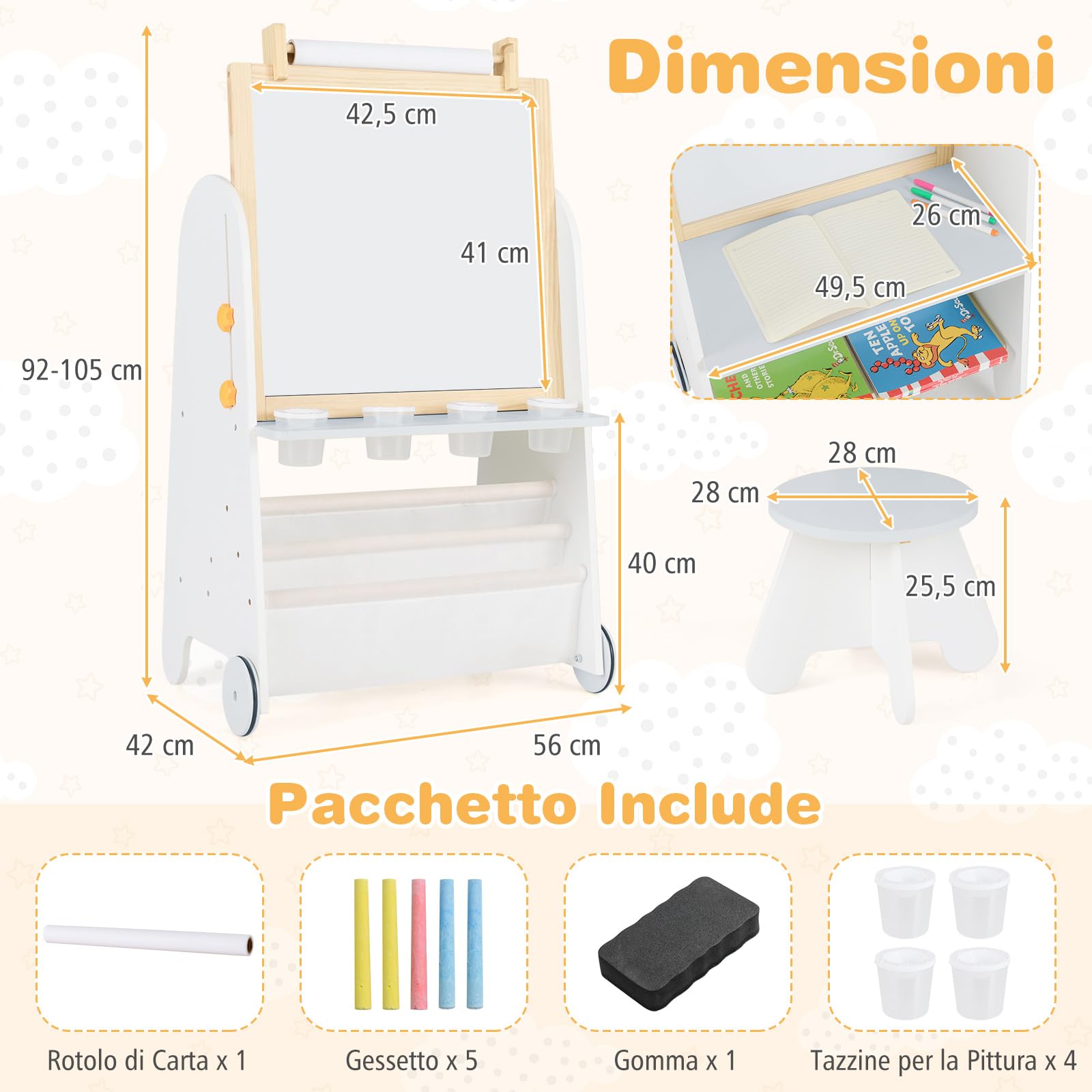 COSTWAY Cavalletto Lavagna per Bambini con Sgabello e Tavolo 4 in 1, Lavagna Magnetica Regolabile in Altezza con Rotolo di Carta e 4 Tazze di Vernice, Cavalletto a Ruote con Gessi e Cancellino