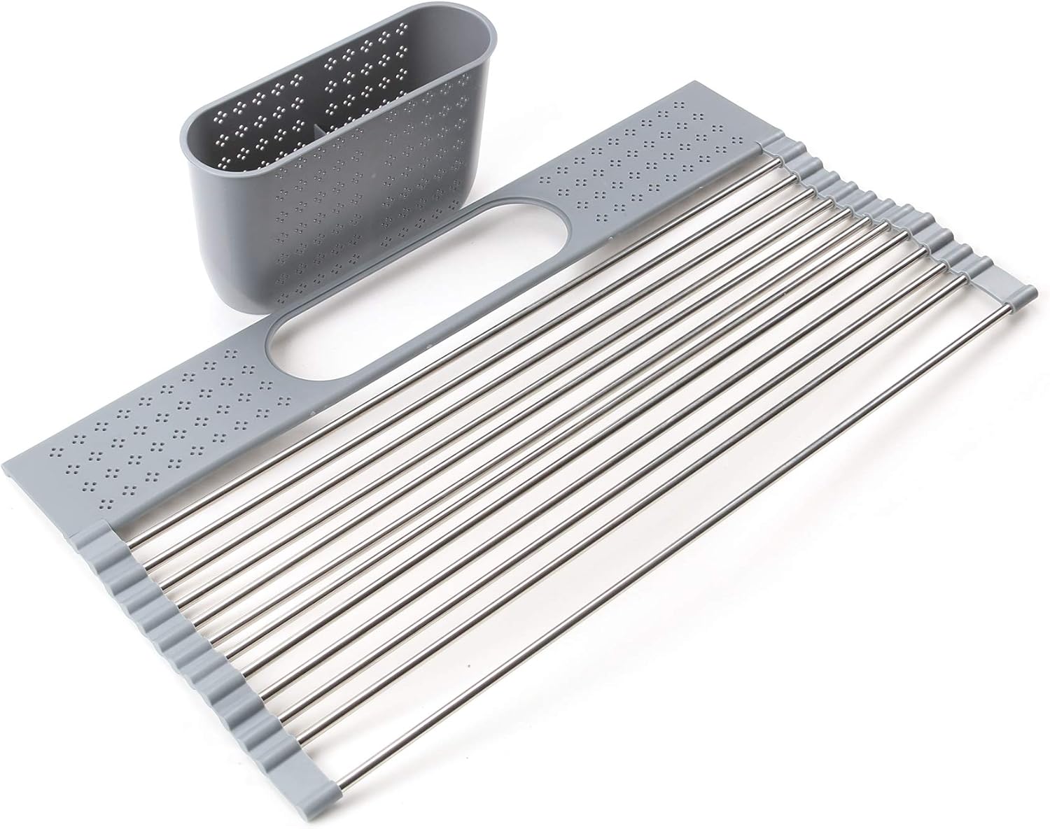Dish Drying Rack Roll Up Dish Drying Rack Set Over The Sink Large Dish Drying Rack with Utensil Holder Foldable Stainless Steel Dish Drying Rack (Grey)