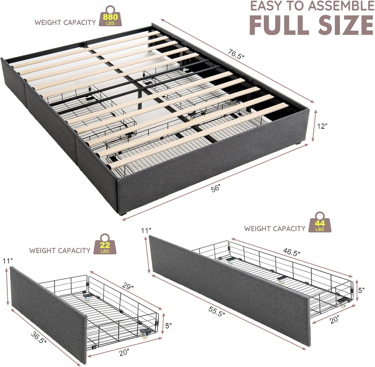 Giantex Bed Frame with 3 Drawers, Heavy Duty Full Size Platform Bed with Wooden Slats, Mattress Foundation with Sturdy Frame, No Box Spring Needed, Dark Grey, Headboard Not Included