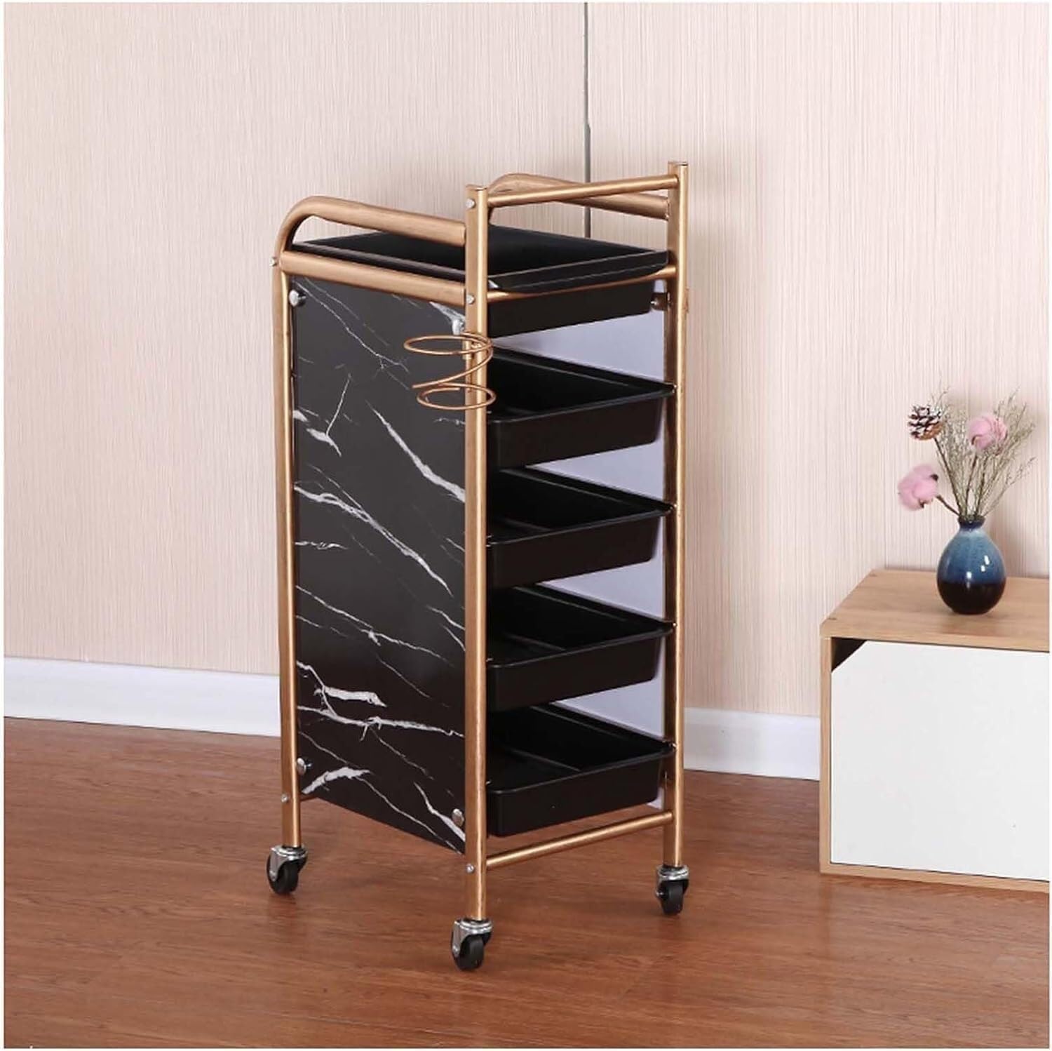 SSDDLZEQ Mobile Salon Station, Salon Rolling Cart 5 Tier Salon Trolley Steel Salon Cart Blow Dryer Rack Trolley Cart With Wheels Barber Storage Cart(B)