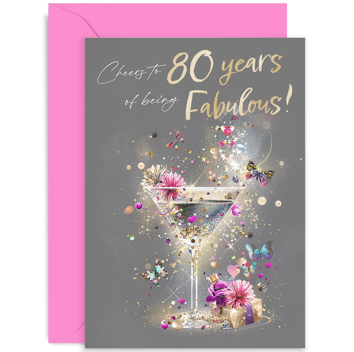 Biglietto Di Auguri Per 80° Compleanno Con Coriandoli In Lamina Dorata - Old English Company - 150x150 Mm, Cartoncino FSC, Vuoto Dentro Per Messaggi Personalizzati