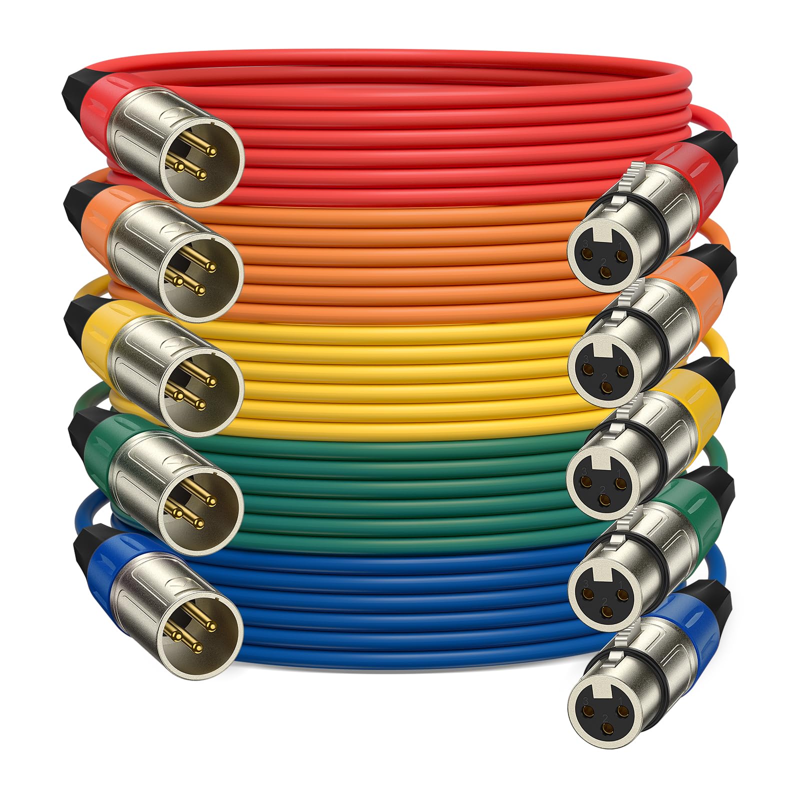 J&D XLR Microphone Cable, Gold Plated Heavy Duty Balanced 3 Pin XLR Male to Female Colored Mic Cables Speaker Cord for Mixer, Amplifiers, Recording, 5 Pack, 1.8 meter