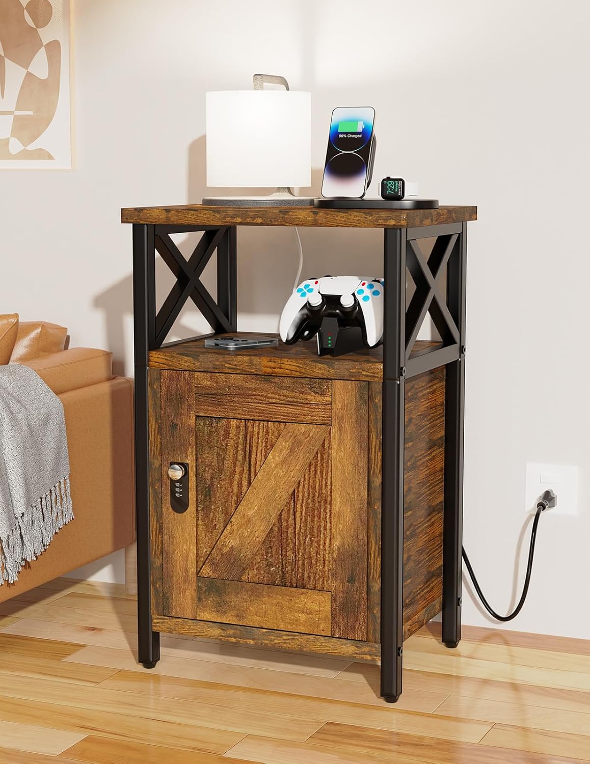 Wooden Nightstand with Lock, Bedside Table with Drawer, Bed Side Table with Charging Station, 3 USB & 2 Outlets, Night Stand with Storage Cabinet, End Table for Bedroom, Brown