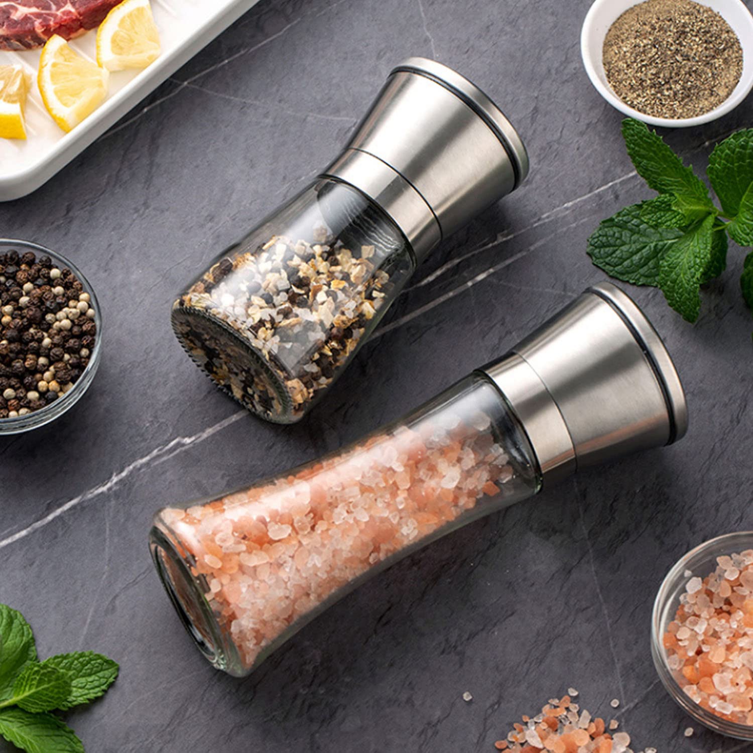 Molinillo de Pimienta y Sal Cuerpo de Vidrio de Acero Inoxidable Cepillado Agitadores de Especias de Viaje Tamaño de Grano Ajustable Tarro Recargable Regalos de Cocina