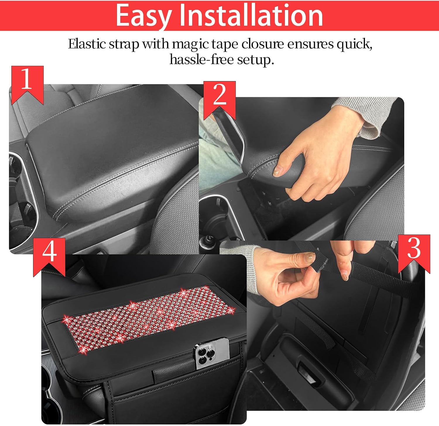 NBTEPEM Bling Car Armrest Cover, Universal Microfiber Leather Center Console Cover with 2 Pockets, Rhinestone Car Armrest Cushion Protector, Bling Accessories Interior for Most Vehicles (Red Diamond)