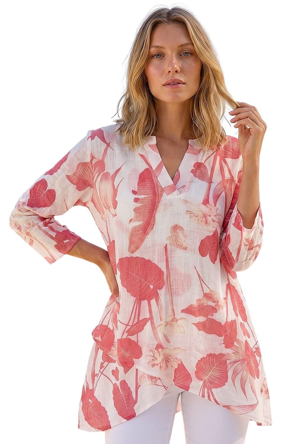 Roman Women's Coral Palm Print V-Neck Wrap Hem Tunic Top In Size 12