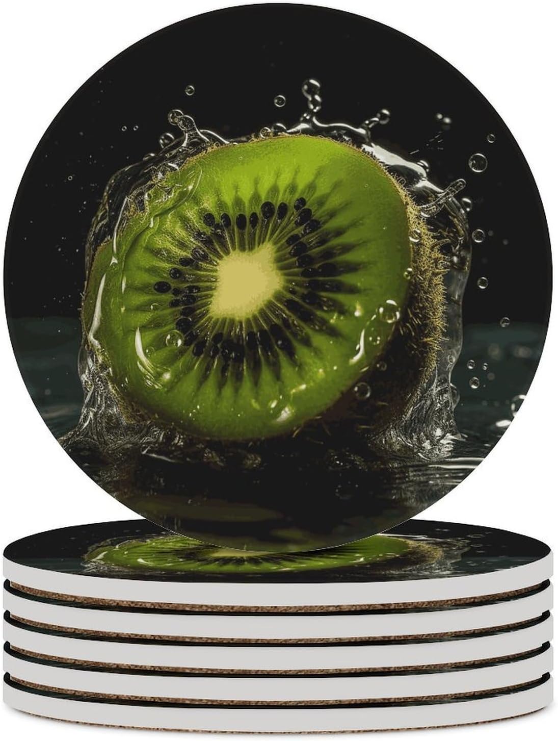 Piece of Kiwi Fruit Coasters Round Coasters Set Ceramic Stone Coaster with Cork Base Coffee Cup Beverage Cup Mat Cute Funny Table Drinks Coaster for Mugs and Cups Office Kitchen