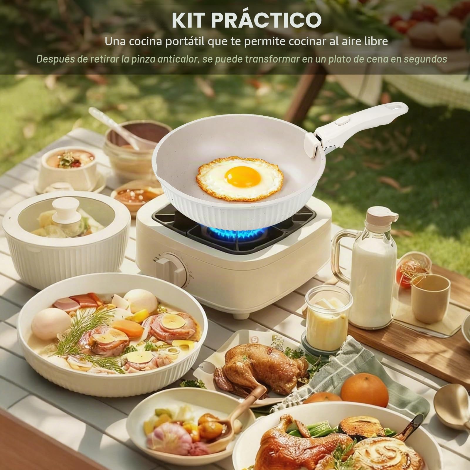 Juego de sartenes mango extraíble, 3 pcs sartenes cerámica sin tóxicos, revestimiento de piedra de trigo, aptos para inducción y horno, diseño apilable (blanco)