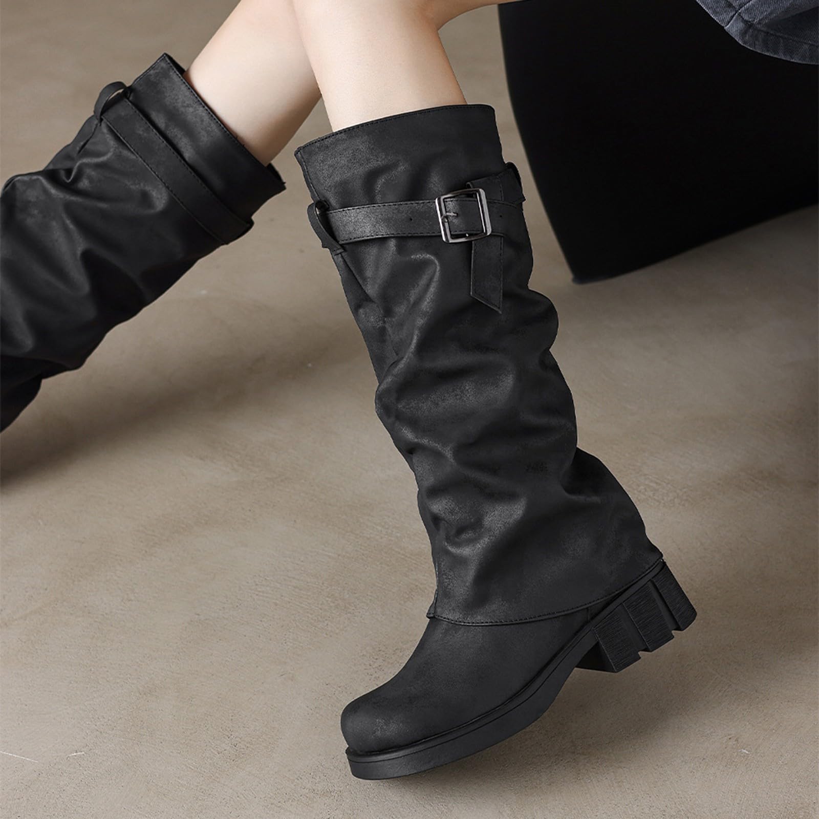 Stivali occidentali da donna con punta rotonda – Stivali alti al ginocchio da donna pieghevoli – Stivali da cowboy con fibbia a gambo lungo in pelle scamosciata, stivali alti con plateau