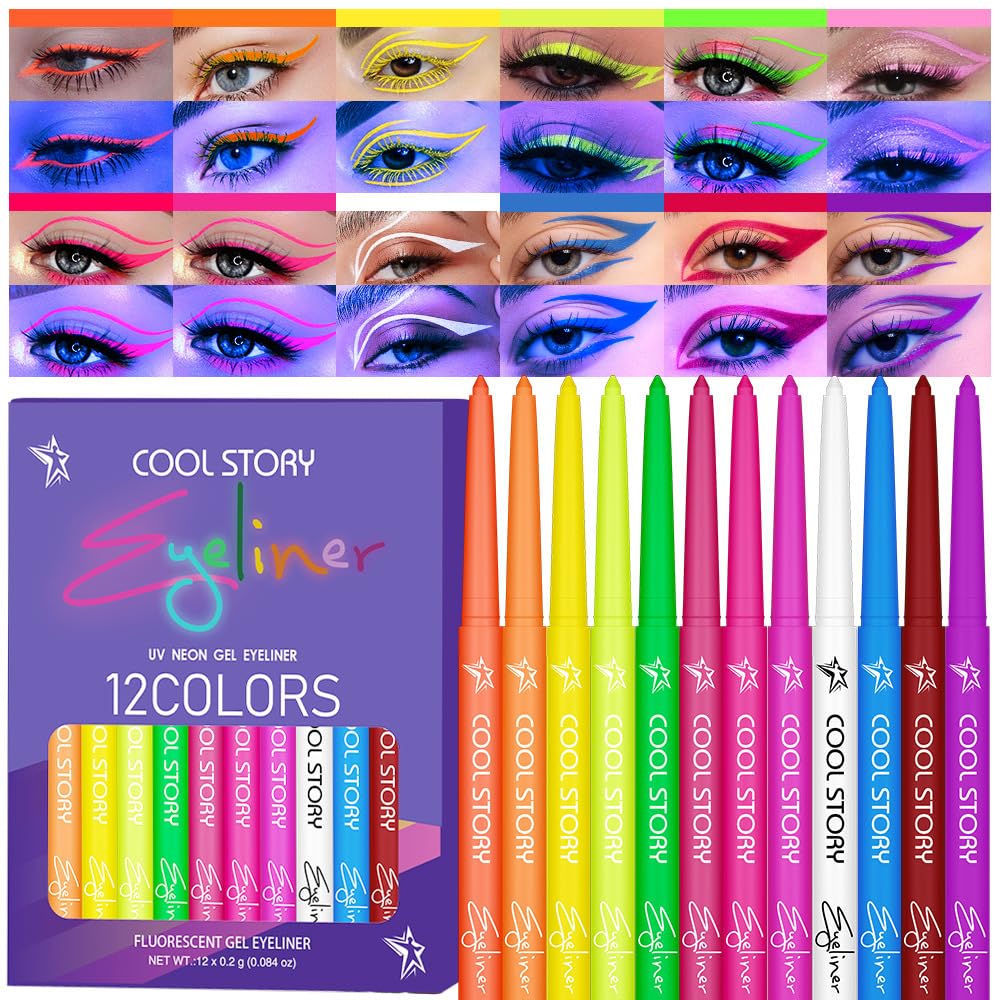 BestLand 12 Colors UV Neon Eyeliner – Festival Makeup, Glow in the Dark, Waterproof & Smudge-Proof, Colorful Liquid Eyeliner for Face & Body Art, Rave Party, Cosplay, Halloween