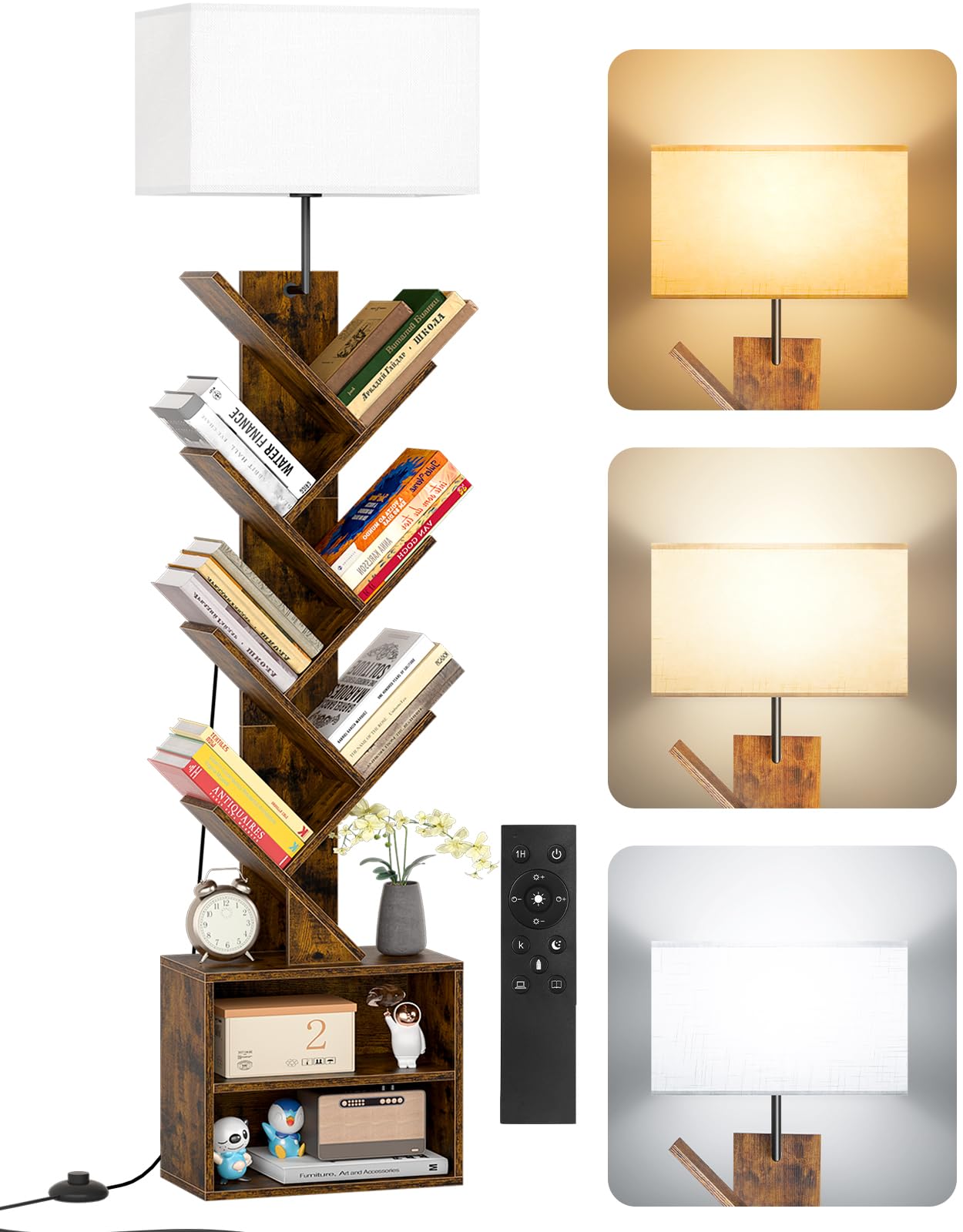 Libreria a Forma di Albero in Legno con Luce, Scaffale Autoportante a 9 Ripiani ad Angolo con Mobiletto – Libreria Salvaspazio per Libri, CD, per Soggiorno, Studio, Ufficio(Rustic Brown)