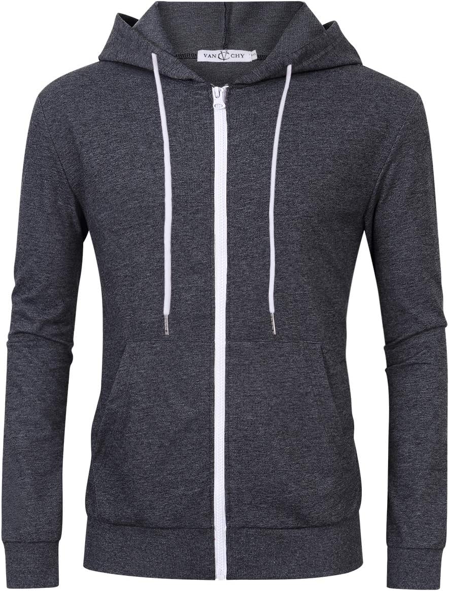 VAN CHY Men's Slim Fit Long Sleeve Lightweight Zip up Hoodie Hooded Sweatshirts with Kanga Pocket