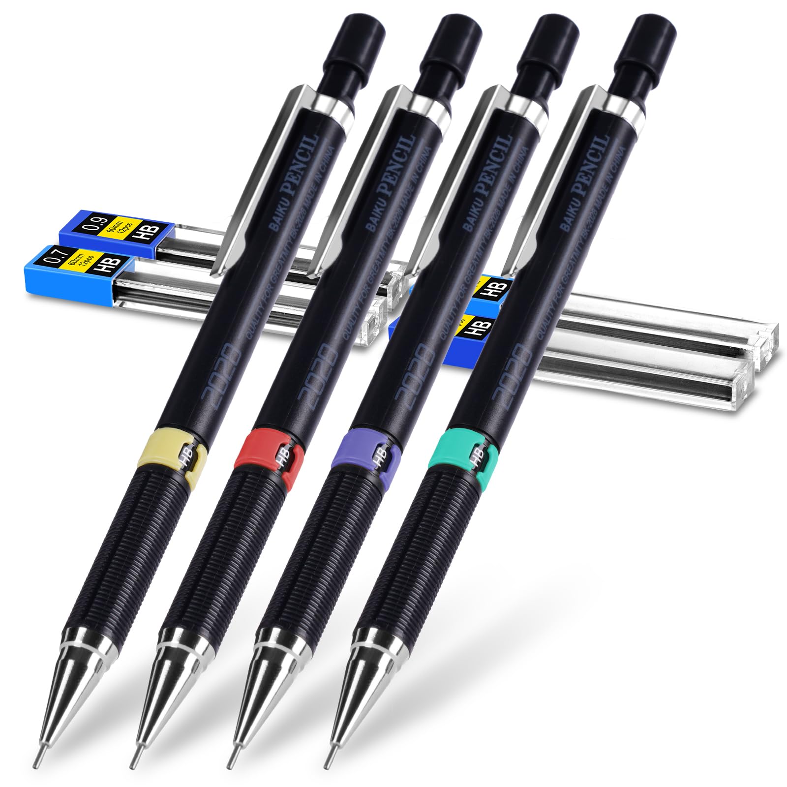 APXEL 4pcs Mechanical Pencils Set, 0.3mm 0.5mm 0.7mm 0.9mm Propelling Drafting Pencil With 4PCS HB Lead Refills for School, Engineer Writing, Drawing, Sketching