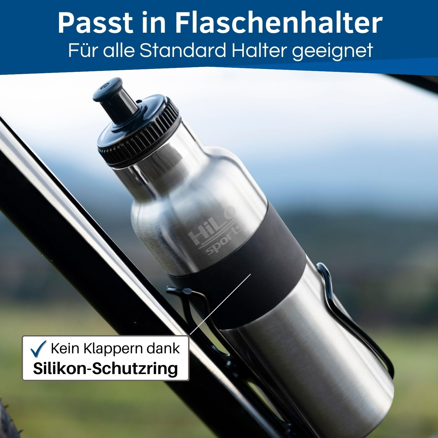 HiLo sports isolierte Trinkflasche Fahrrad Edelstahl 600ml - [Hält 12h warm & 24h kalt] Thermo Radflasche - Auslaufsichere Metall Fahrrad Trinkflasche mit 2 Verschlüssen