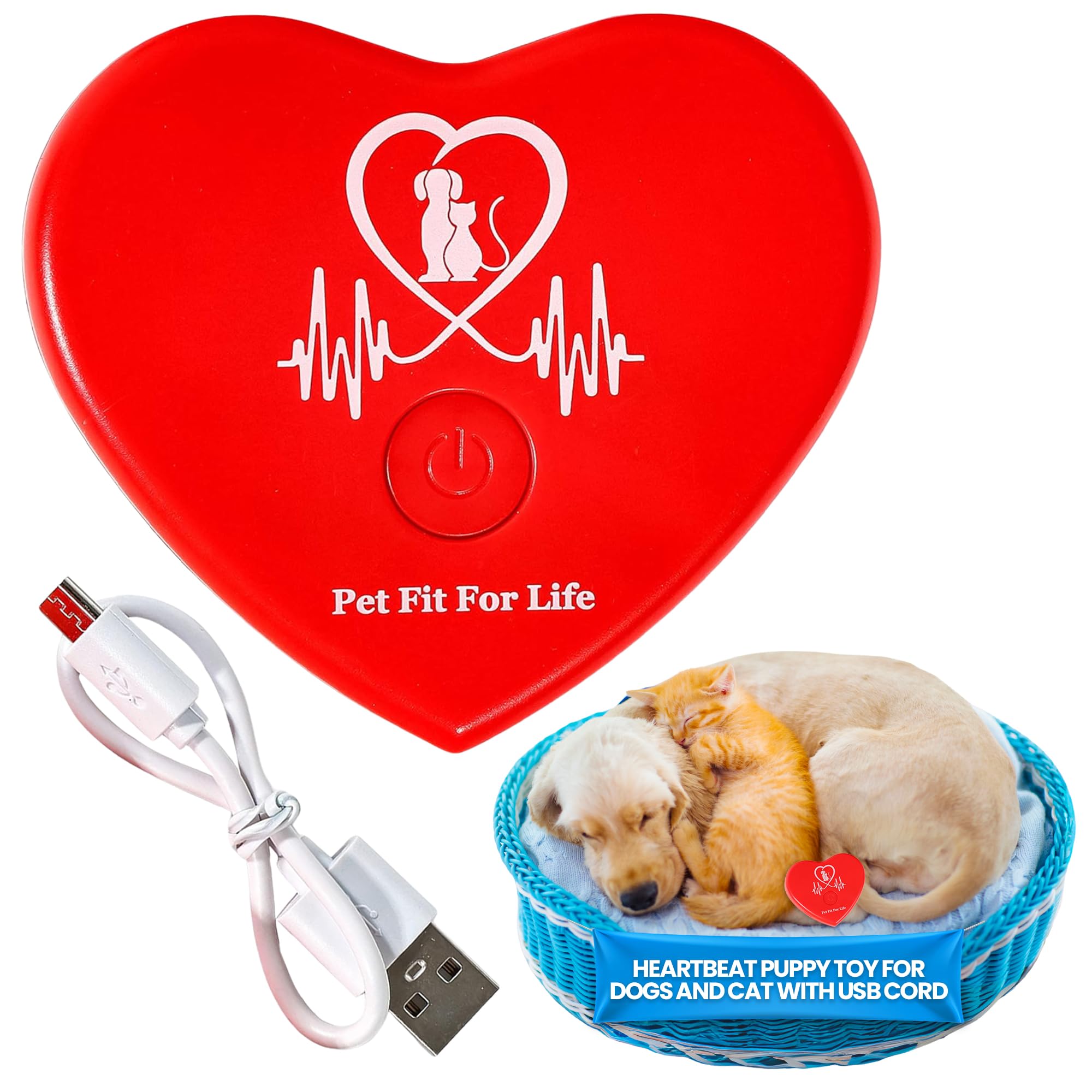 Pet Fit For Life Rechargeable Red Heartbeat Simulator with USB Cord – Long-Lasting Heartbeat Toy for Puppy & Kitten, Beating Heart Toy for a Peaceful Night for Dogs and Cats
