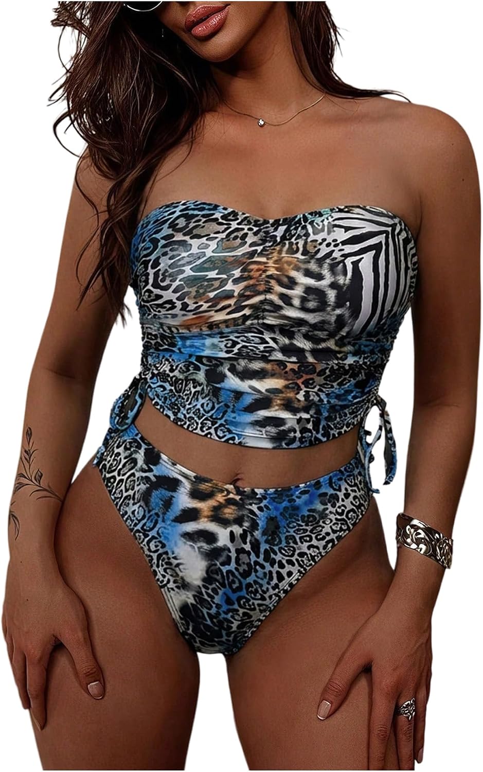 Floerns Women's Bandeau Tankini Swimsuit Leopard Print Drawstring 2 Piece Bathing Suit