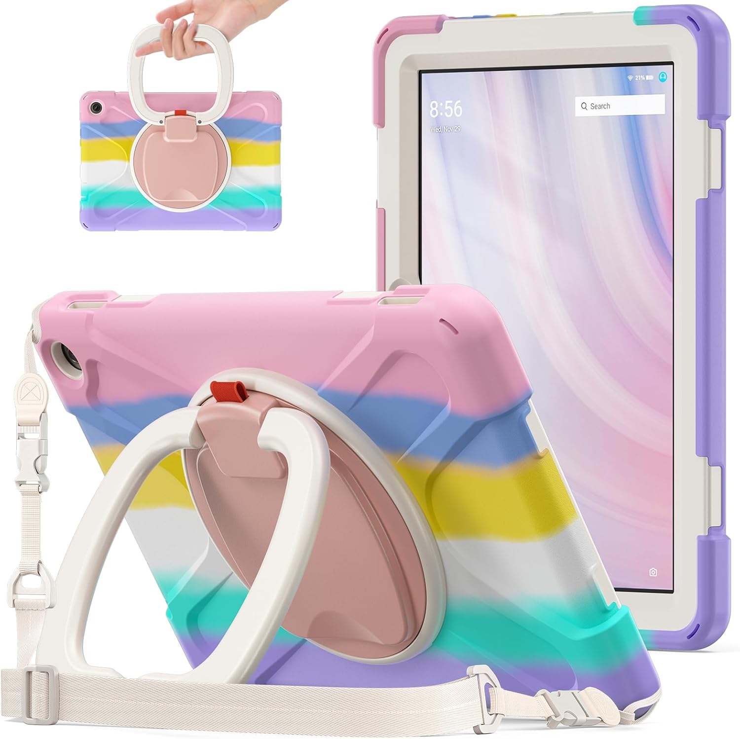 Heavy Duty Fire HD 10 Tablet Case (2023), Shockproof Protective Rugged Case with 360 Rotating Stand, Shoulder Strap, Rainbow