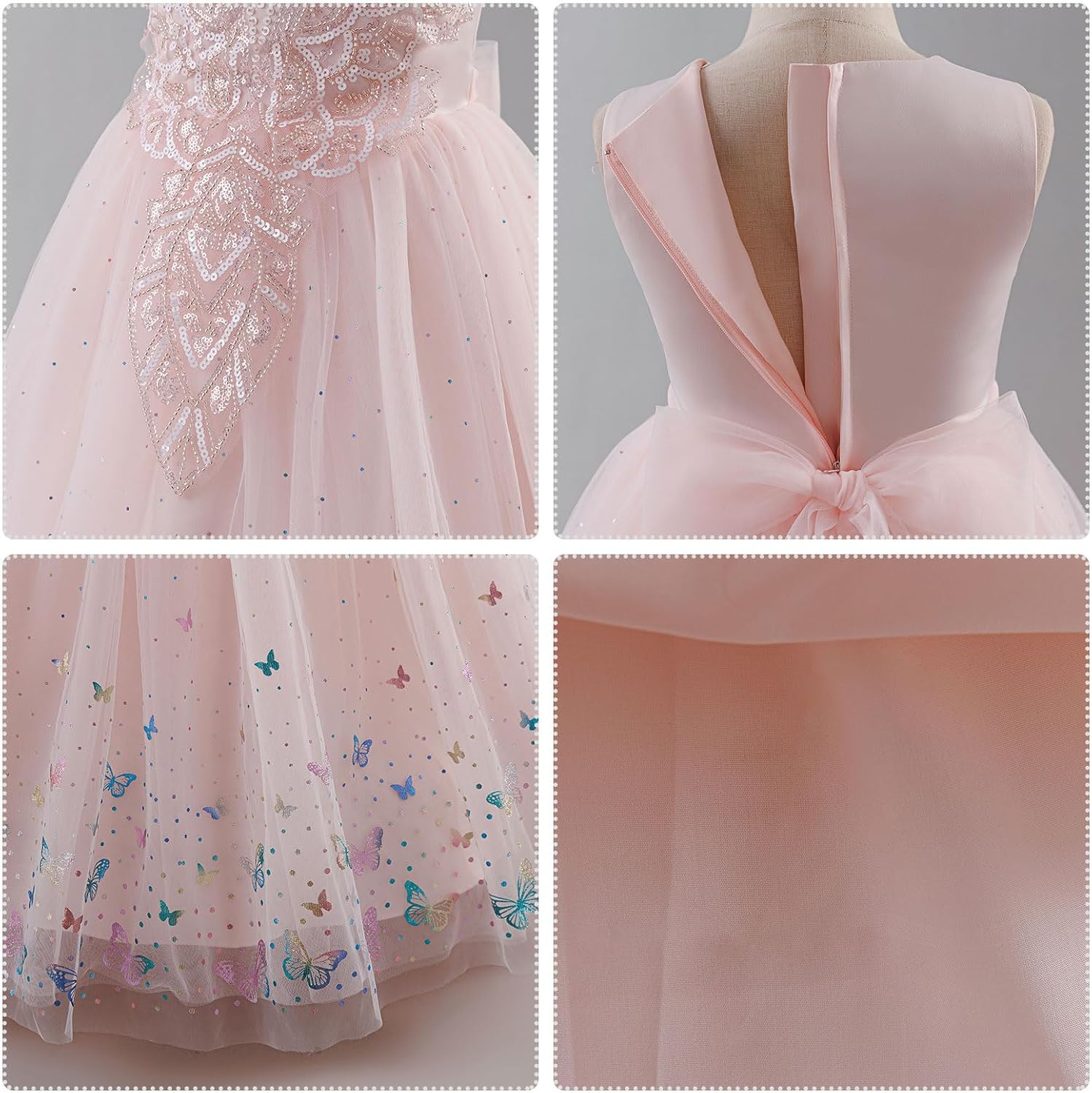 Flower Girl Sparkly Sequins Shiny Butterfly Formal Wedding Tulle Dress Junior Pageant First Communion Easter Ball Gown