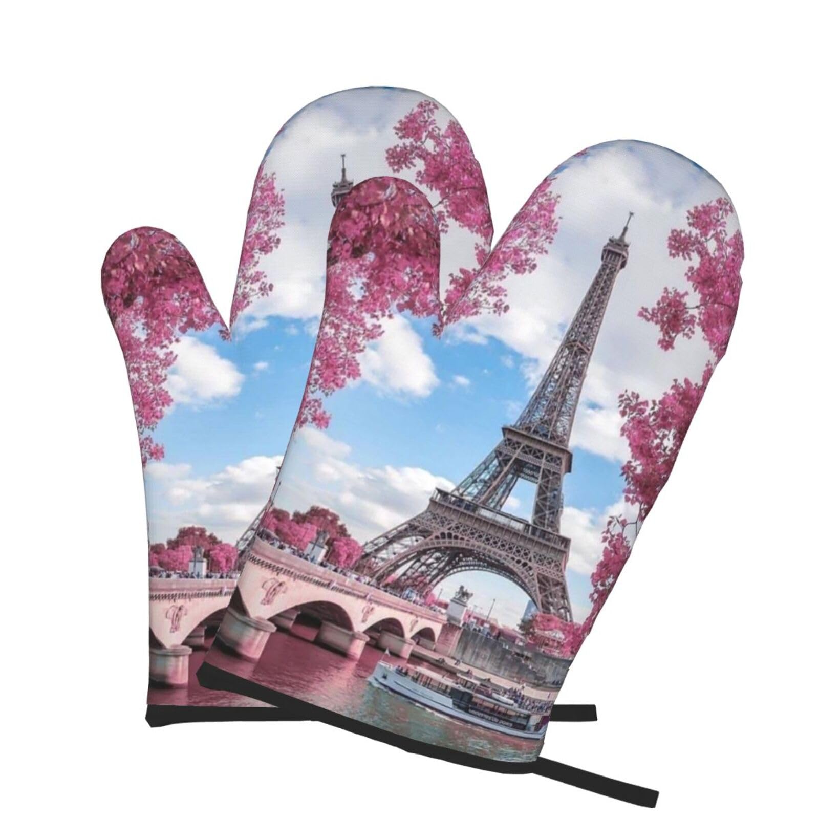 Oven Mitts Set of 2 Pcs, Style Eiffel Tower Paris Prints Heat Resistant Kitchen Gloves for Cooking Baking Grilling