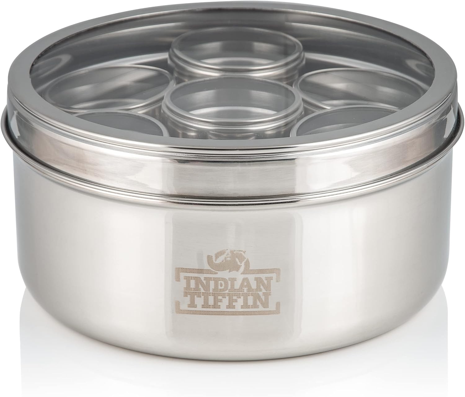 Indian-Tiffin Masala Dabba – Airtight Spice Container – Food Grade Stainless Steel – with Spice Labels & Spoon (Large (20cm), Clear Lid Top & Clear Lids on Inner Pots)