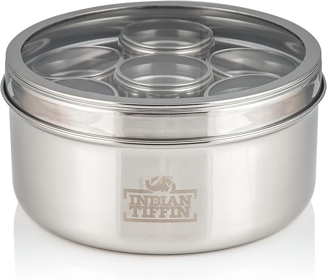 Indian-Tiffin Masala Dabba - Airtight Spice Container - Food Grade Stainless Steel - with Spice Labels & Spoon (Large (20cm), Clear Lids, Clear Lids on Inner Pots)