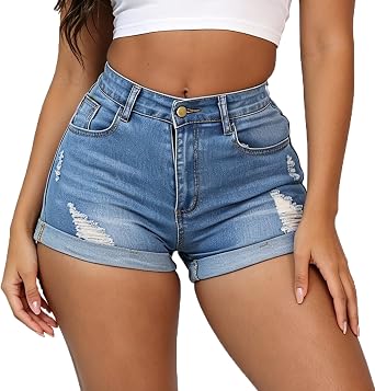 Weigou Women Jean Short Ripped Hot Shorts Comfy Stretchy Women Fringed Denim Shorts