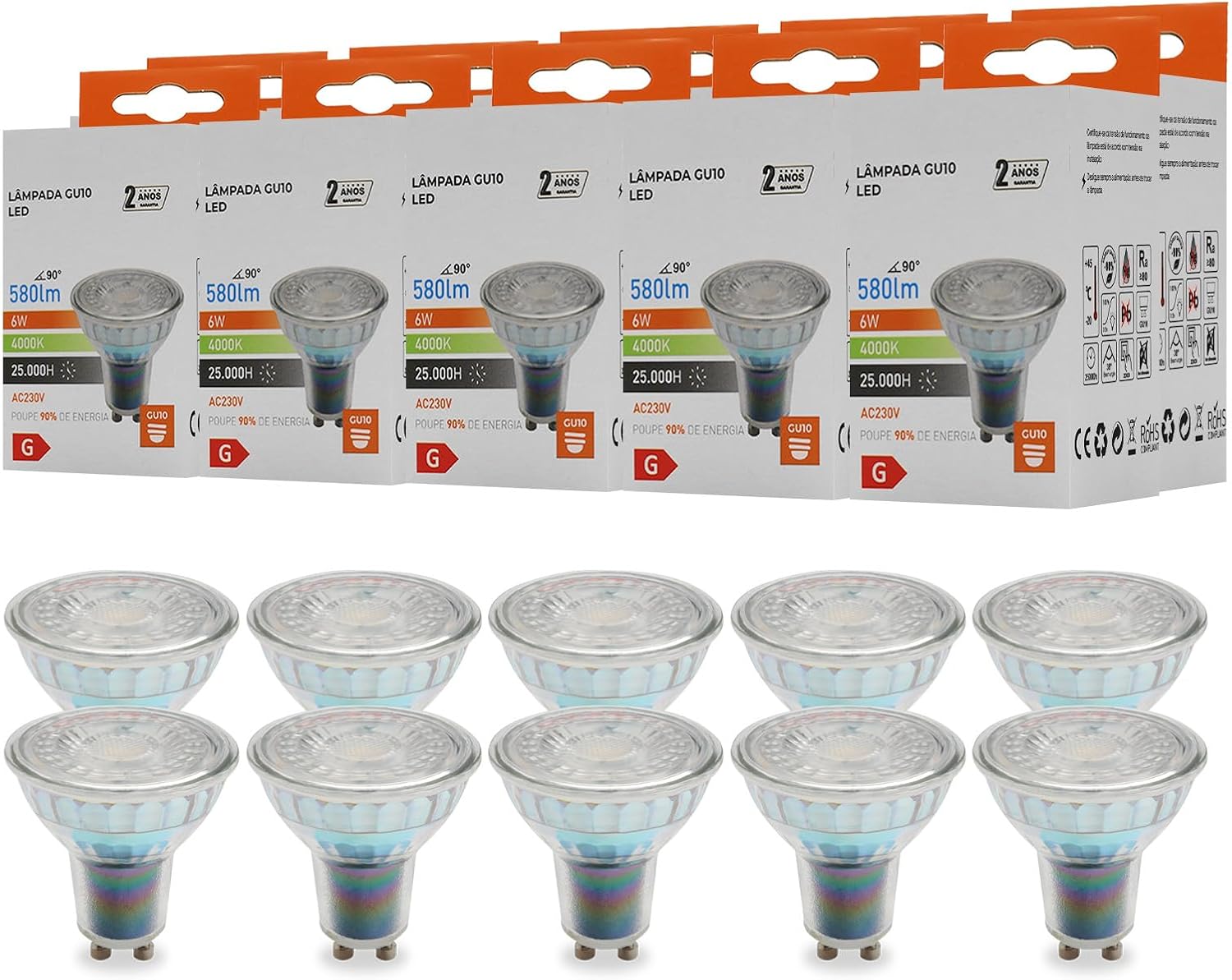 Maxled Light is Led! GU10 LED Dimmable Light Bulbs 4000 K Neutral White Bulbs 6 W Replaces 50 W Halogen Bulbs 38  Beam Angle Spotlight LED Bulbs AC 230 V 580 lm Pack of 10 [Energy Class G]