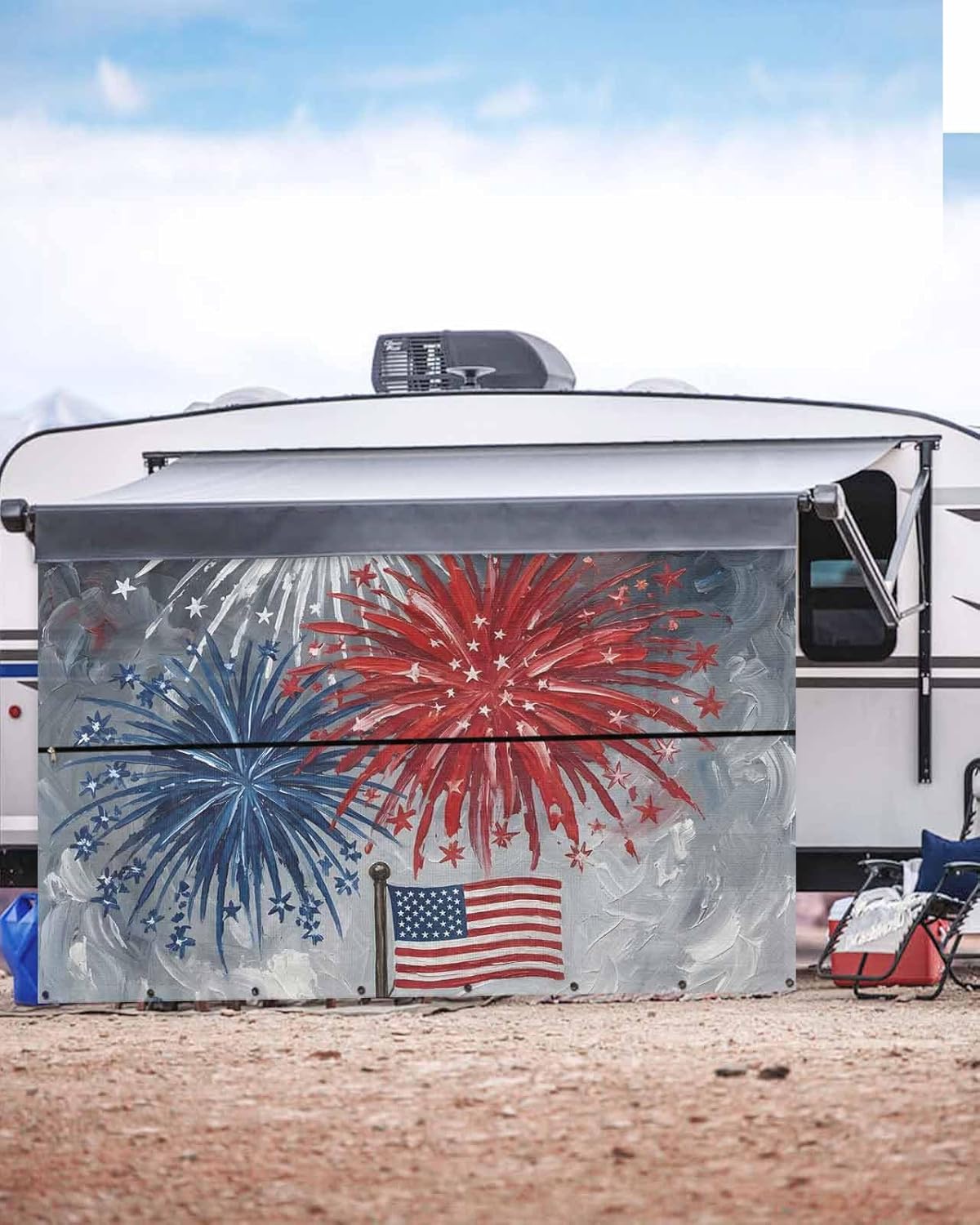 RV Awning Sun Shade Screen 9' x 15'3", 250 Anniversary USA Flag Mesh RV Awning Shades Complete Kits, American 4th of July Blue Red Fireworks Sunlight Blocker Outdoor Canopy for Camping Trailer