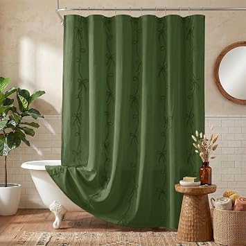 Seasonwood Army Green Bow Shower Curtain,Cute Cording Bow Embroidery Shower Curtain,Pretty Girly Shower Curtains for Bathroom,Aesthetic Bathroom DecorArmy Green,72x72 Inches