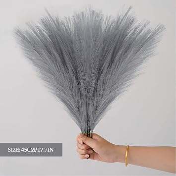 Pampas Grass, 6 PCS Faux Pompous Grass Fluffy Floral Bouquet for Home,Wedding Boho Decor (Grey)