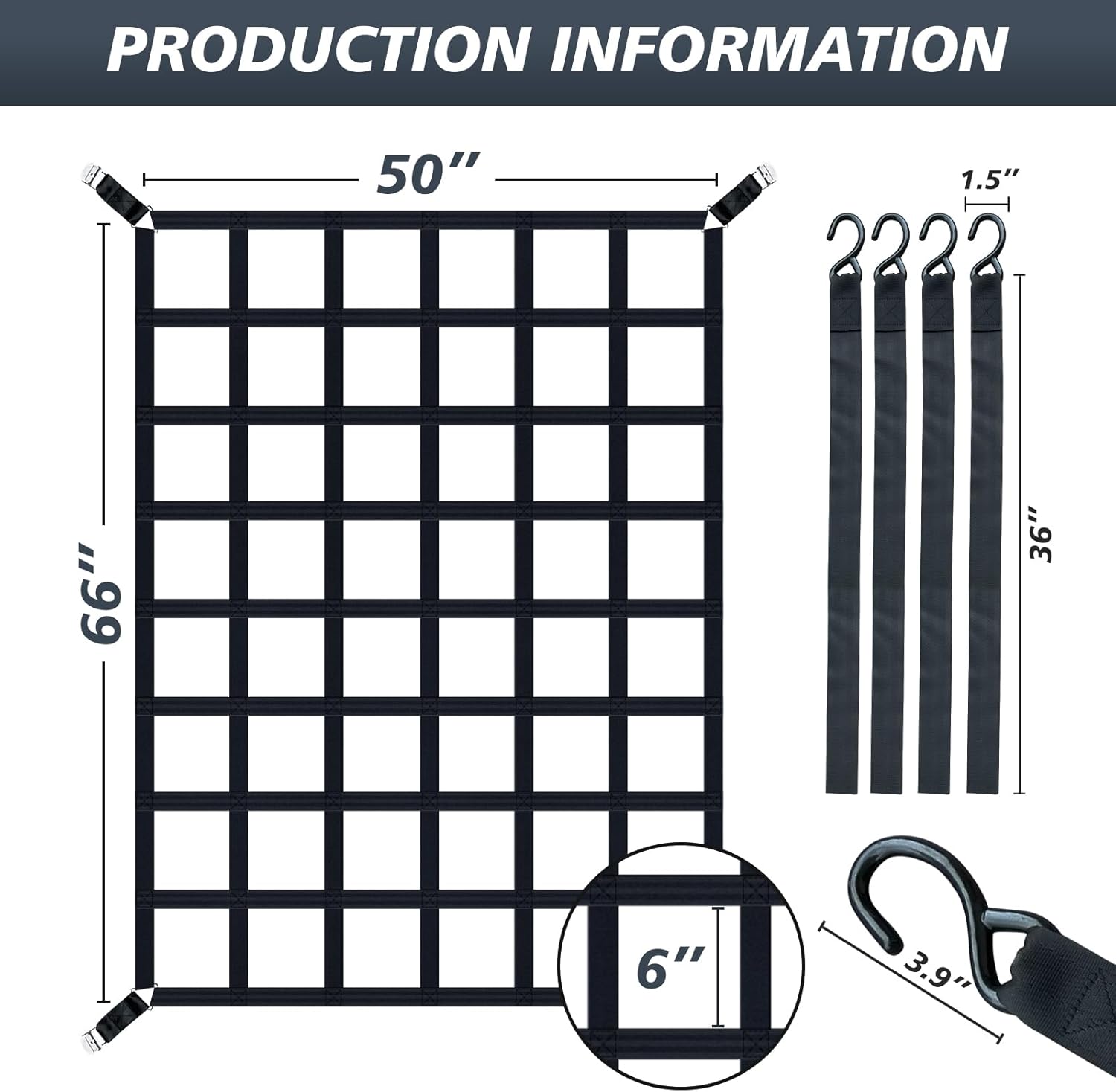 Heavy Duty Cargo Net for Pickup Truck Bed 66" x 50" 1100 lbs Capacity with Adjustable Cam Buckles S-Hooks and Drawstring Storage Bag, Durable Nylon for Trailers and Trucks