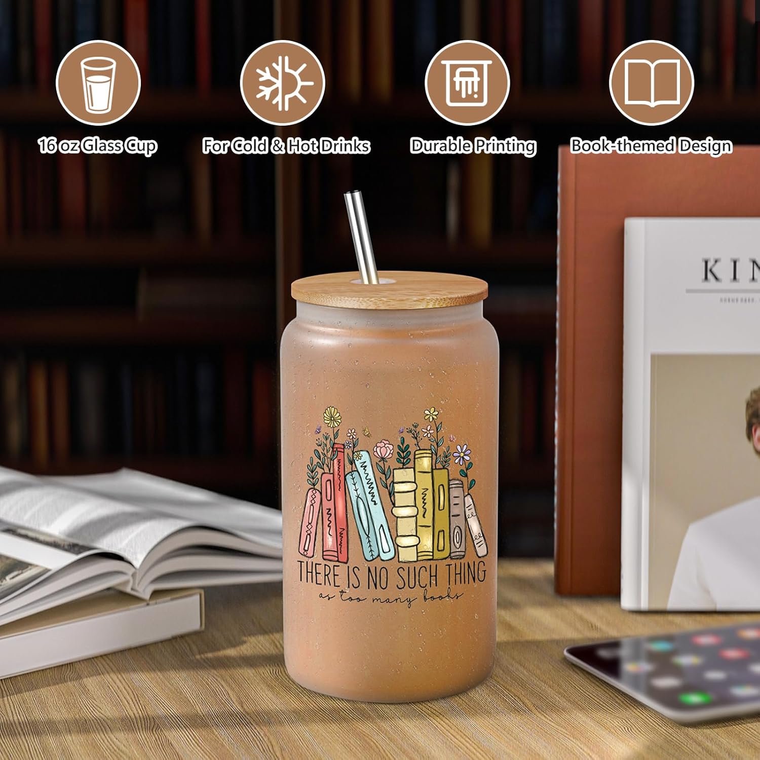 LEADO 16 oz Cute Glass Cups with Lids and Straws - Book Lovers Gifts - Bookish Present, Birthday, Valentines Gifts for Book Lovers Women, Readers, Bookworm, Girls - Coffee Tumbler, Reading Accessories - Image 2