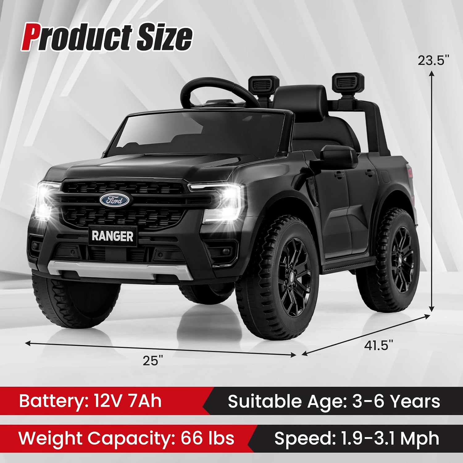 Licensed Ford Ranger Ride on Car for Kids by OLAKIDS, 12V Electric Vehicle Truck with Remote Control, Toddlers Battery Powered Toy with 2 Speeds Wheels Suspension Storage Space Bluetooth USB (Black)