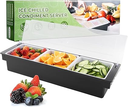 WICHEMI Fruit, Veggie & Condiment Caddy with Lid Dispenser Tray Plastic Garnish Station for Bartending & Serving Taco, Ice Cream, Salad Bar - Topping Organizer for Restaurant Supplies 3 Compartment