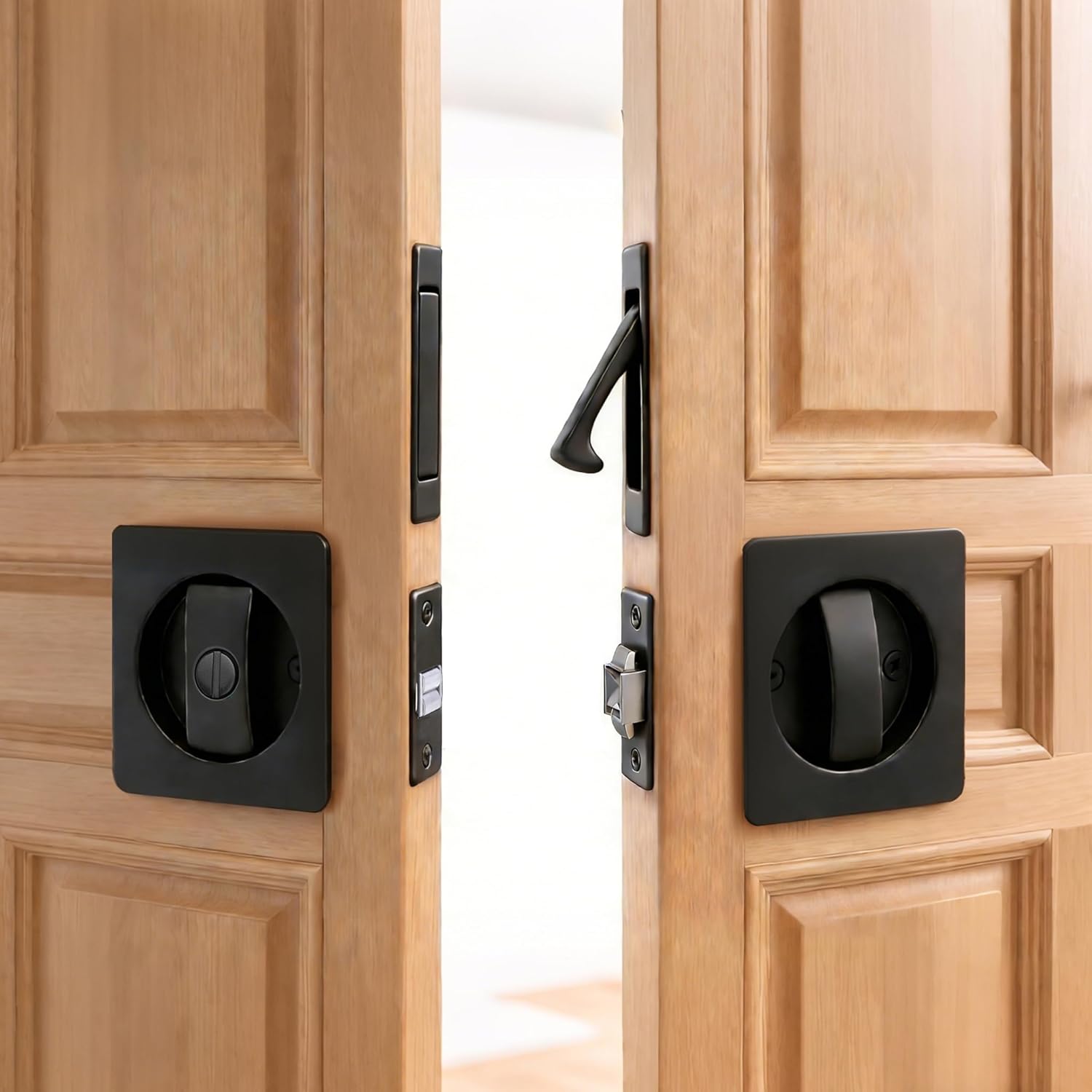 Dontay Pocket Door Privacy Lock with Edge Pull Handle,(Bed/Bath) 1 3/8" Backset,Stainless Steel Recessed 2 Sided,Recessed Knob,1 3/8" to 2 3/16" Bathroom&Sliding Door (Matte Black, Square - 2 Set)