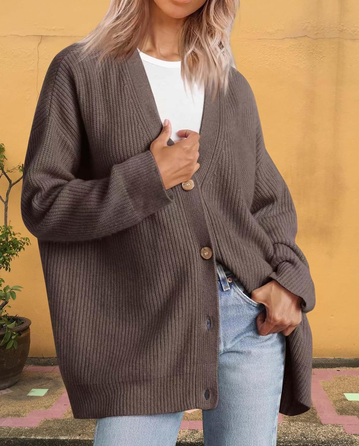 Womens Casual Open Front Sweater Classic Long Sleeve V Neck Cardigans Simple Solid Color Button Fall Winter Outfits - Image 2