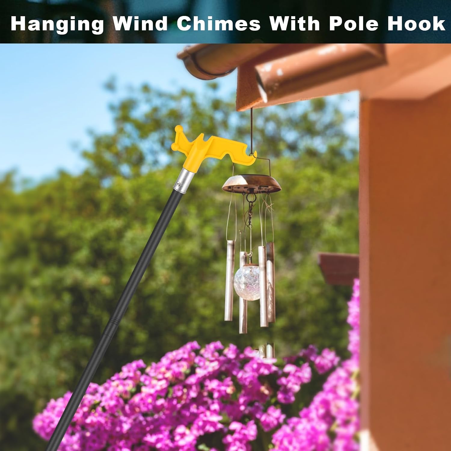 Christmas Light Pole Hanger Tool, 64" Christmas Light Hanger Pole with Utility Hook for Hanging Holiday Lights Bird Feeders Suet Cages Lightweight and Sturdy (Yellow Utility Hooks)