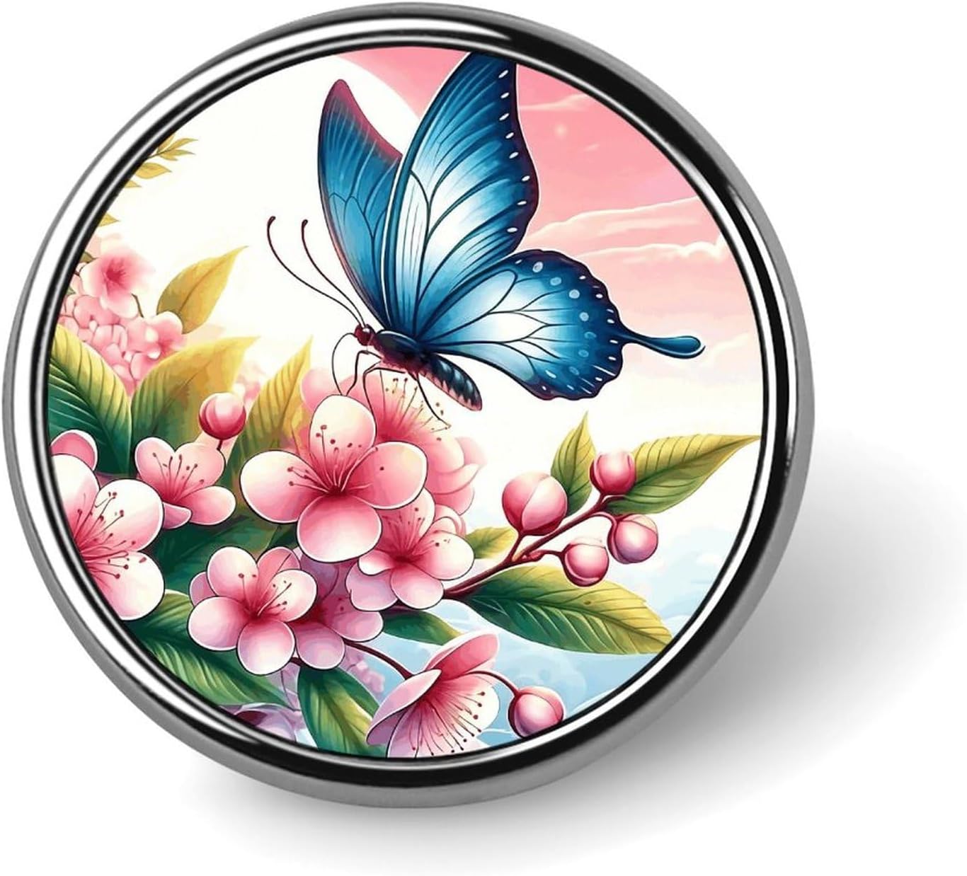 Round Lapel Pin Decorative Brooch Pins, Pink Flowers And Blue Butterflies