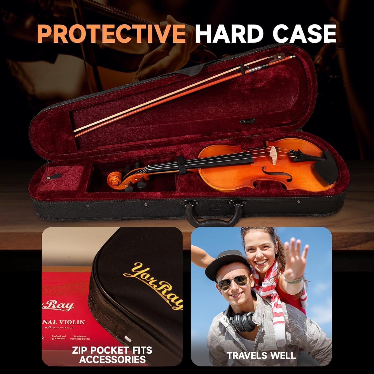 Violin 4/4 Full Size Kit for Adults Beginner, Violin Fiddle Set for Student with Rosewood Bow,Extra Strings&Bridge, Fingerboard Stickers, Shoulder Rest, Case,2 rosins(Plywood)