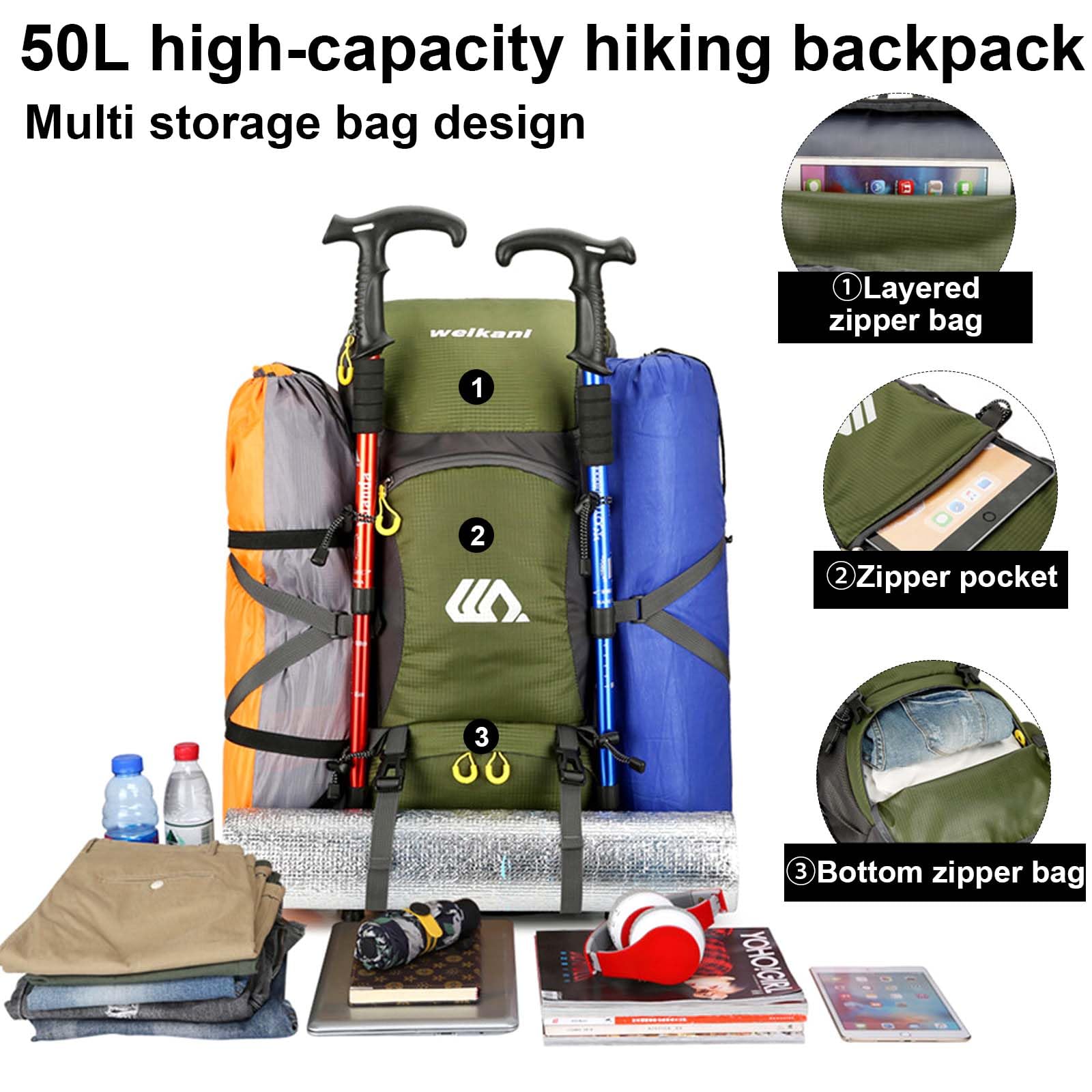 Plecak trekkingowy męski 50 l plecak podróżny damski duży wodoodporny plecak trekkingowy z pokrowcem przeciwdeszczowym do jazdy na rowerze piesze wycieczki camping wspinaczka górska sporty na