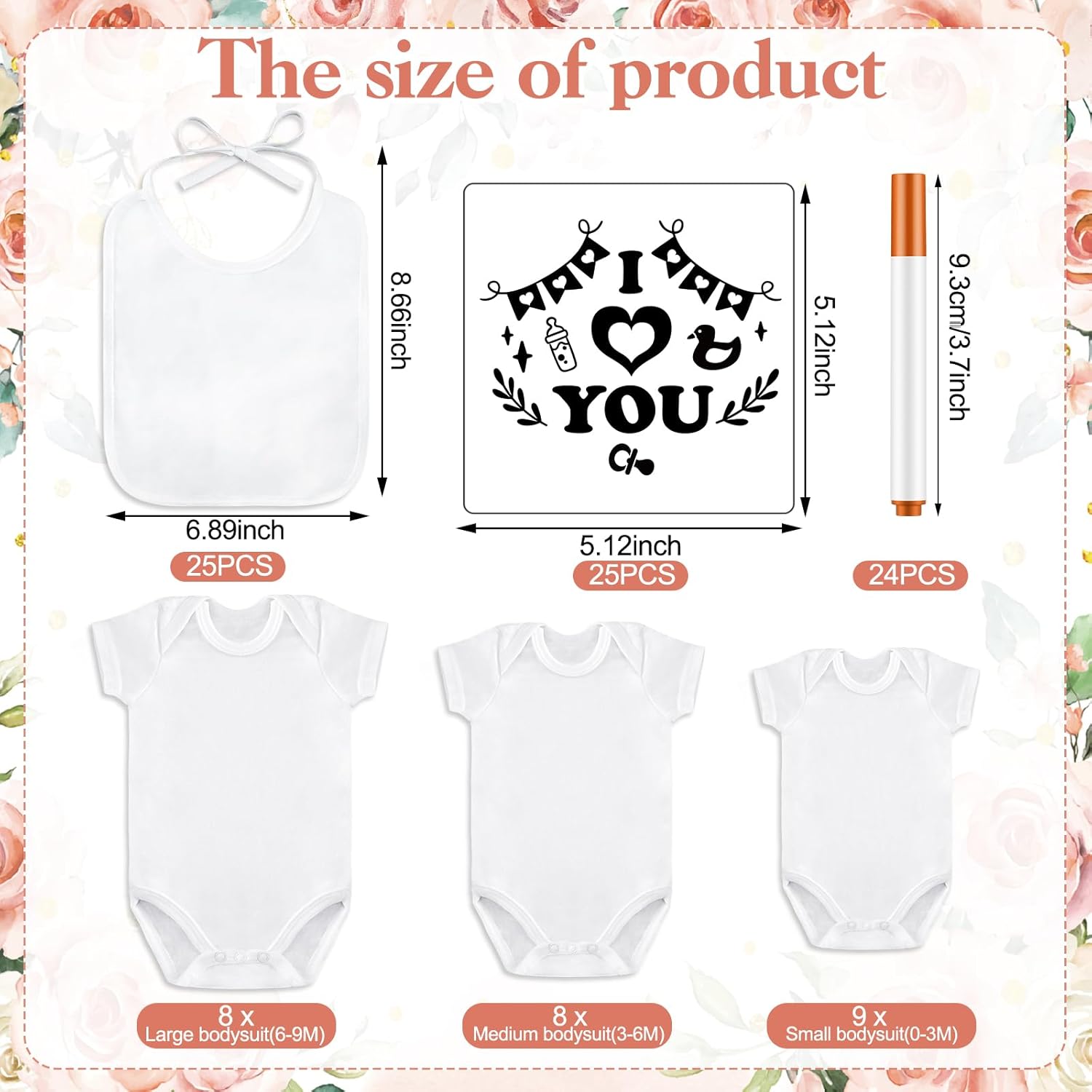 Panitay 100 Pcs Blank Bib Bodysuit Baby Shower Set Baby Shower Sign Blank Feeder Bib DIY Bodysuit Fabric Colorful Marker(Floral)