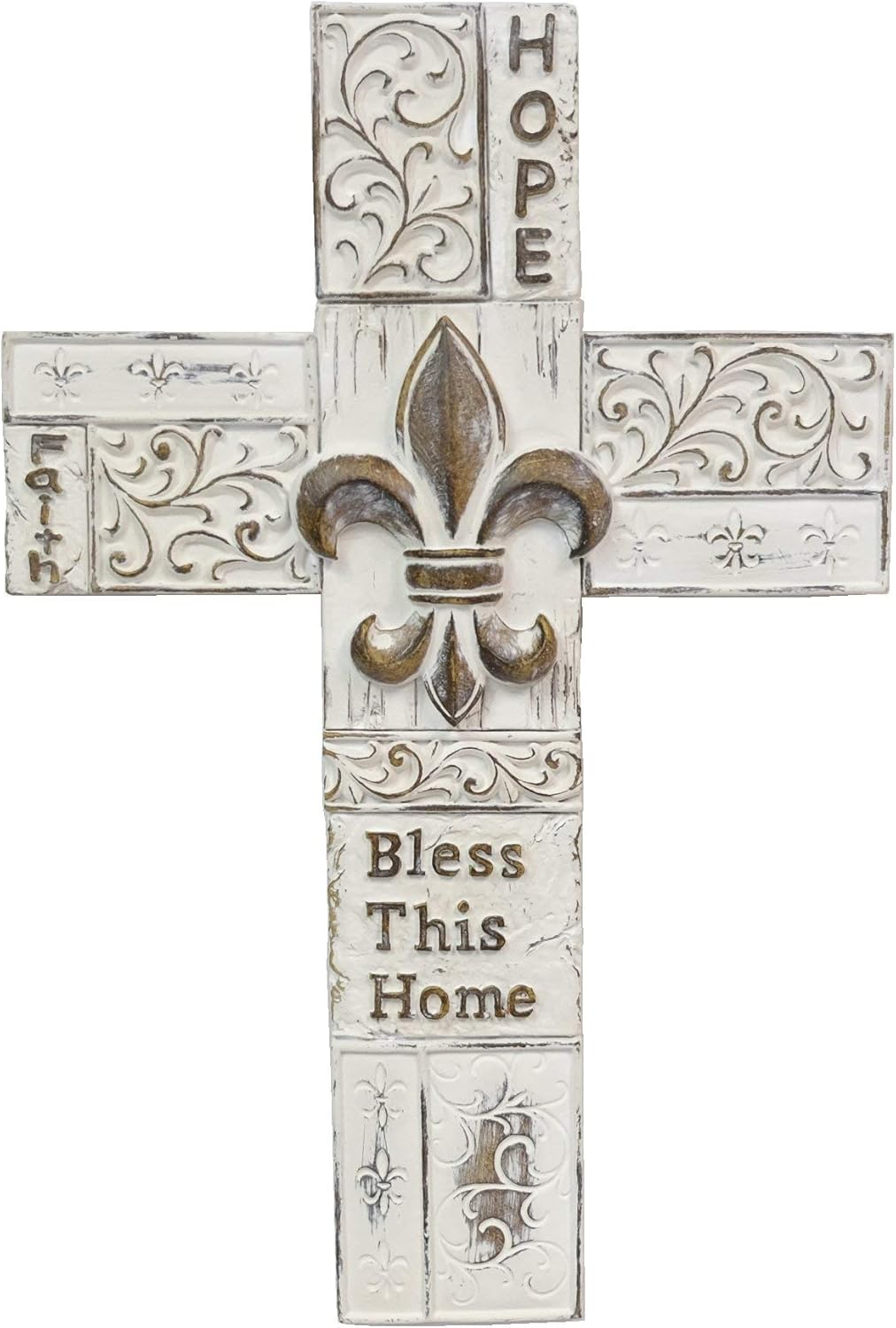 Polyresin Distressed White Scrollwork & Inspirational Message Fleur De Lis Hanging Wall Cross Décor